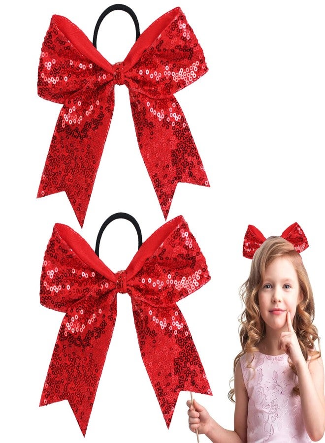 Hipcheer 2 Packs Jumbo Cheerleading Bow 6 Inch Cheer Hair Bows with Ponytail Holder for Teen Girls Softball Outfit Uniform (Sequin Red) - Image 1